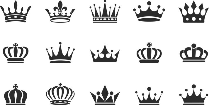 royal crown icon set, king queen monarchy symbols, black silhouette crowns, luxury heraldic emblem collection, medieval royalty design, vector illustration
