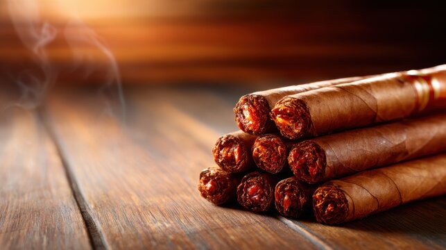 A meticulously arranged stack of hand-rolled cigars resting on a rustic wooden table, highlighting their rich textures and the subtle detail of smoke wafting in the warm light surrounding them.