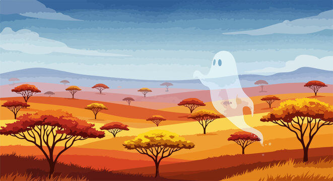 Whimsical ghost floating over savanna landscape with acacia trees and golden grass. Ethereal vector illustration for fantasy concept art. Spooky scene for Halloween decoration or childrens storybook.