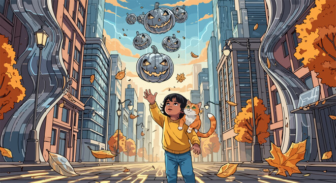 Whimsical animated child reaching for floating colorful objects in urban fantasy cityscape. Vector illustration with vibrant colors and dynamic composition.