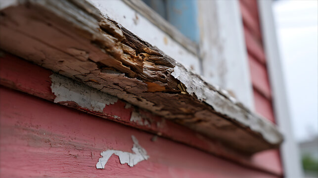 Close-up of weathered red siding with severe peeling white paint and rotten wood on a window frame, showing neglect and decay detail