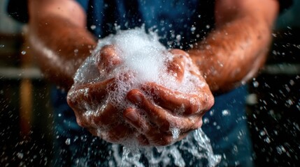 Fototapeta premium This image captures a pair of hands filled with soap bubbles, creating a dynamic splash of water. The close-up highlights the intricate details of soap and water interaction.