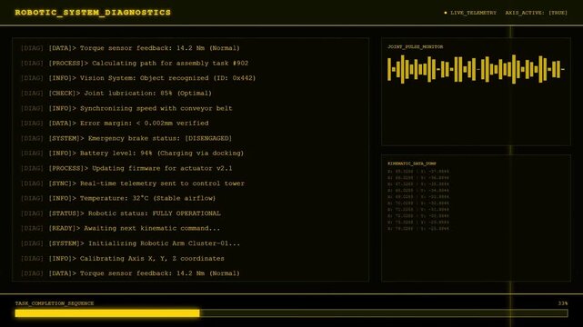 Robotic System Diagnostics Industrial Automation Telemetry with Kinematic Data Processing and Joint Pulse Monitor Interface Animation.