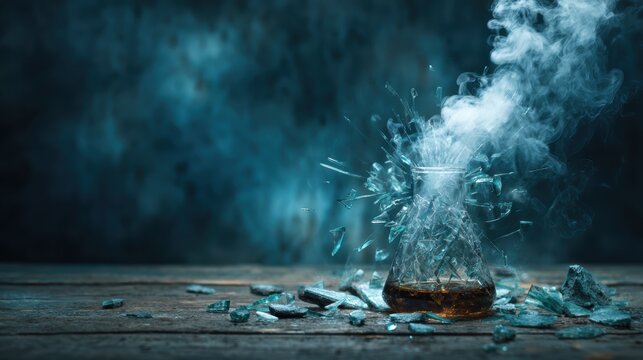 An explosive depiction of a flask shattering with smoke and liquid spilling out, representing the chaotic beauty of science experiments and the unpredictability of discovery.