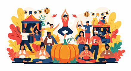 Fototapeta premium Autumn festival yoga class vector illustration with diverse people practicing meditation and poses around giant pumpkin.