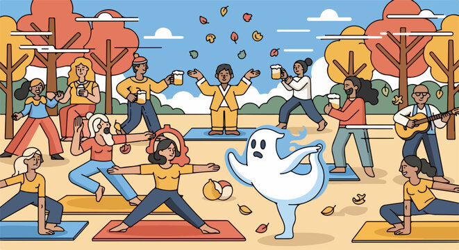 Colorful outdoor dance party with diverse group performing energetic moves under bright sky. Vector illustration of lively crowd celebration with dynamic characters and confetti.