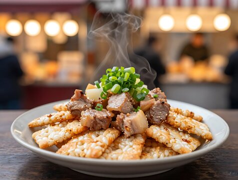 Steaming plate of Aomori Tsugaru Senbei Jiru with savory pork