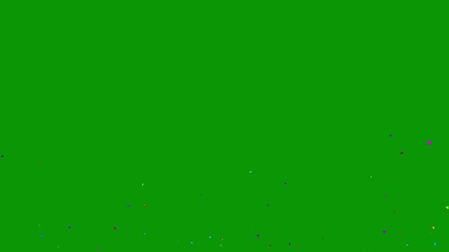 Motley confetti pop animation falling down, birthday party colorful confetti raining down, New Year, christmas celebration, festive wedding salute, realistic double golden burst on green background.