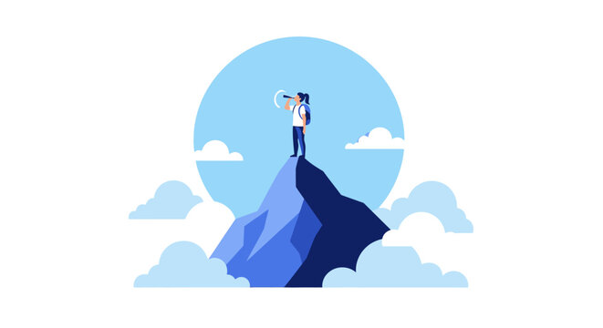 Business Vision and Success Concept: Female Leader Standing on Mountain Top Looking Through Telescope for Future Opportunities and Strategic Growth Illustration