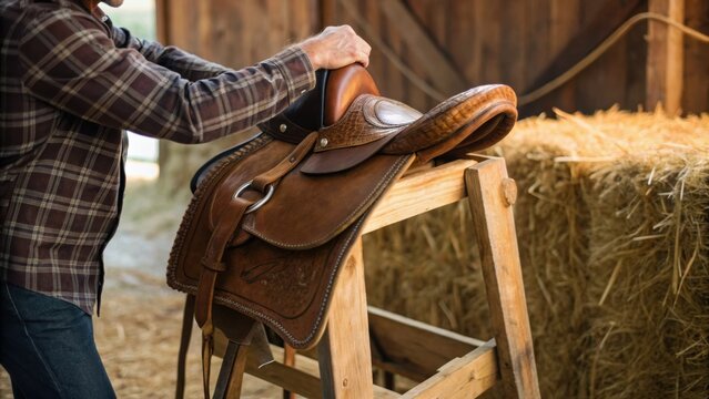 A person wearing a plaid shirt adjusts a detailed leather saddle on a wooden stand inside a rustic barn with hay bales in the background.