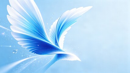 Naklejka premium Abstract glowing pair of angel style bird wings in mixed blue and white color with falling water droplets on light blue clean background for freedom concept