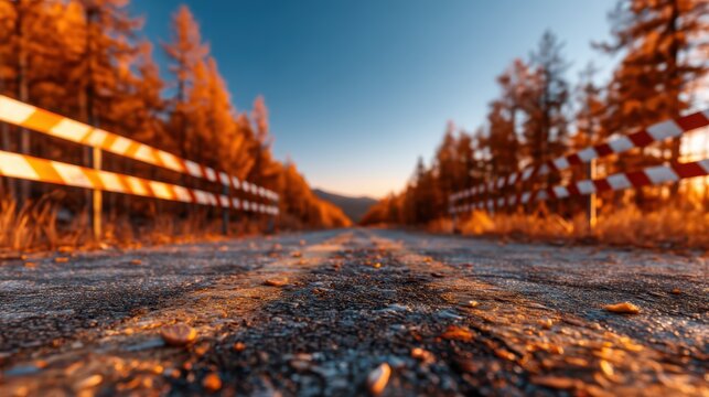 A deserted pathway lined with roadblocks leads into a tranquil forest, evoking feelings of isolation and mystery in a serene yet haunting landscape.
