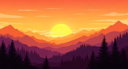 Fototapeta premium Vibrant mountain sunset landscape with silhouetted trees
