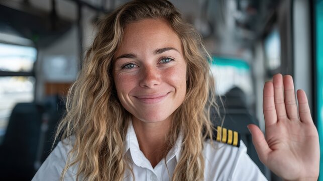 A confident female pilot in uniform smiles and waves from the cockpit, exuding professionalism and approachability amidst an aircraft environment.