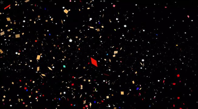 Colorful confetti brust and glitter explosion, party popper explosion animation sparkling stars animation high quality festive party poppers overlay on black background for celebration. videos wedding