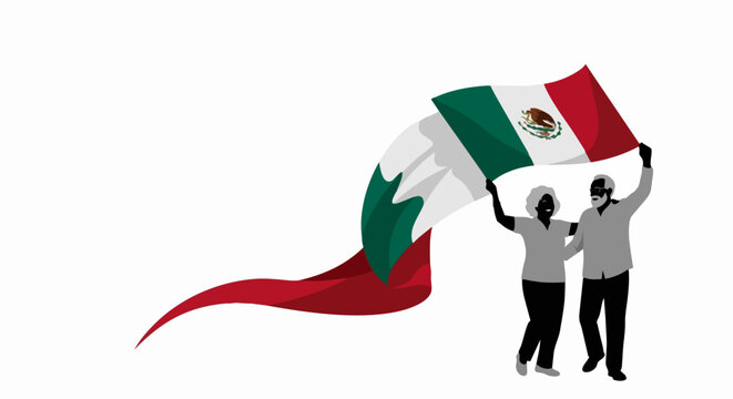 Two people holding Mexican flag with waving effect, vibrant vector illustration for patriotic design. for branding, packaging, banner, poster, website header, and social media design use