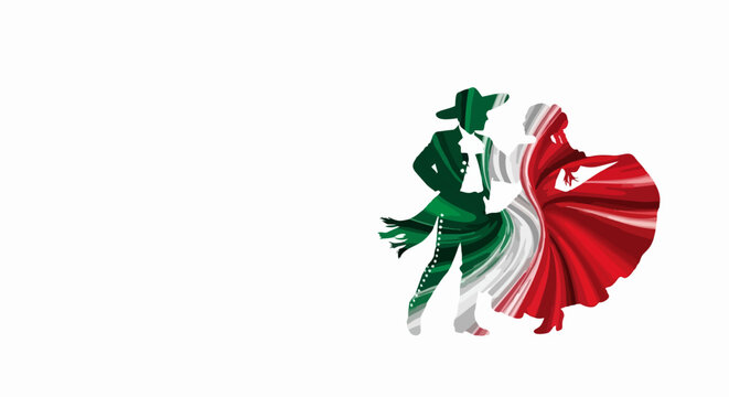 Mexican dancer in traditional colorful costume with green, white, and red fabric swirls. Vector illustration of lively folkloric performance. Concept for cultural celebration designs.