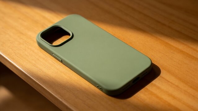Minimalist Sage Green Silicone Smartphone Case Mockup on Wooden Table with Natural Sunlight and Shadows