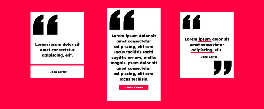 Modern quote block designs on vibrant red background, vertical and horizontal speech templates, clean testimonial layout with black quotation marks