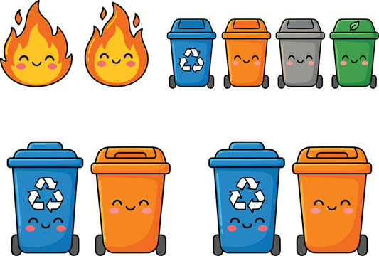 Cute cartoon recycling and waste bin illustrations with smiling faces and fire icons representing environmental awareness and waste sorting