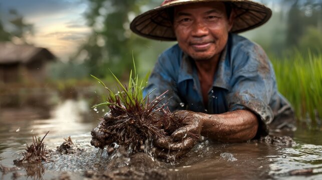 A hardworking farmer plants rice seedlings in a flooded paddock, showcasing resilience and dedication in rural agricultural practices during a serene sunset.