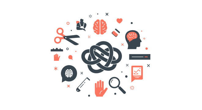 Conceptual Mental Health and Problem Solving Illustration with Icons for Psychology, Cognitive Therapy, and Untangling Complex Thoughts