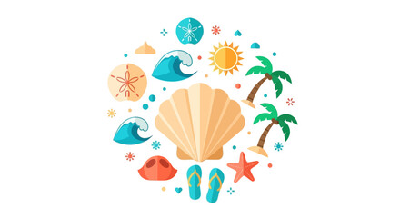 Fototapeta premium Tropical Summer Beach Vacation Vector Icon Set Arranged in a Circular Design with Shells, Palm Trees, Sun, and Waves on White Background