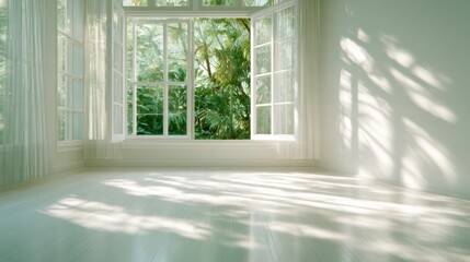 Fototapeta premium A serene and bright room with large windows allows soft light to filter in, showcasing lush greenery outside, embodying tranquility and a connection to nature through clean simplicity.