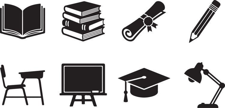 Education icons, school symbols, learning graphics, black and white illustrations