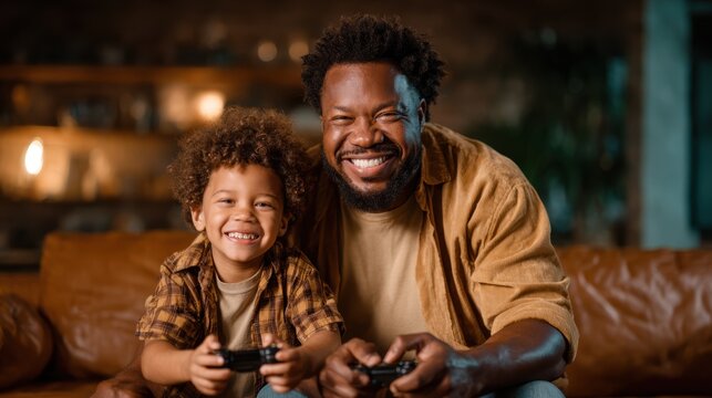 A cheerful father and son duo sitting on a sofa, both smiling widely as they enjoy playing video games, showcasing a bonding moment filled with joy and laughter.