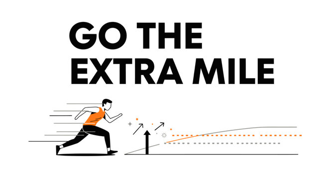 Man running with motivation and determination to go the extra mile, minimalist vector illustration of athlete sprinting towards success and exceeding limits.