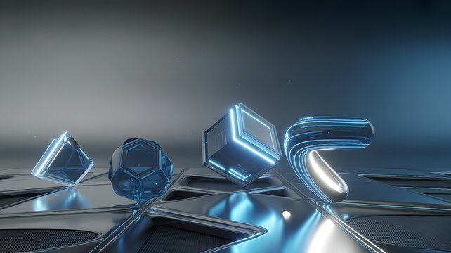 Geometric shapes with neon lights 3d render of abstract polyhedra and curved metallic forms