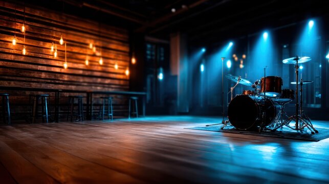 A well-set drum kit sits center stage in an atmospheric music venue, illuminated by soft blue light and surrounded by wooden accents, ready for a captivating performance.