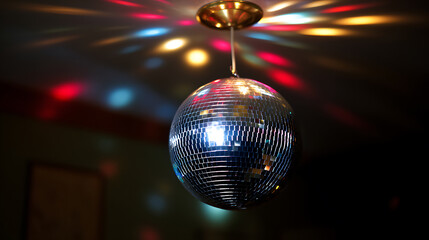 Obraz premium Vibrant Mirror Ball Reflects Colorful Light Beams in a Dark Room, Creating a Dynamic and Festive Atmosphere for Celebration and Entertainment