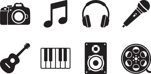 Music, audio, and video icons, black vector set, 8 elements, sound and film symbols © 2025