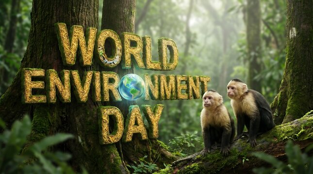 Two capuchin monkeys sitting on a tree branch in a forest on world environment day