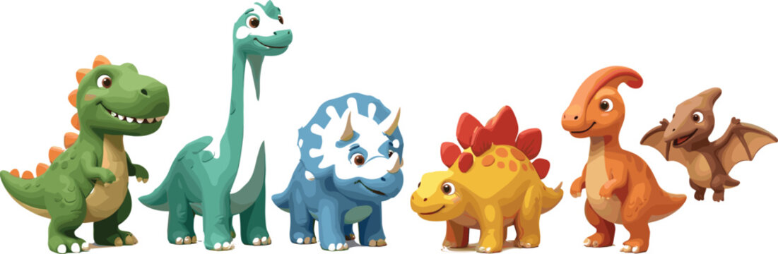 Collection of six cute 3D dinosaur characters including T Rex brontosaurus and triceratops with friendly expressions on a white studio background