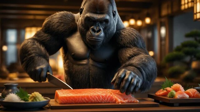 A powerful silverback gorilla chef meticulously slicing fresh salmon fillet for sushi in a traditional restaurant kitchen, showcasing culinary expertise and intense focus.