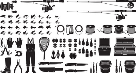 Fishing Gear and Tackle Silhouettes Set – Rods, Reels, Lures, Hooks, Tools and Equipment Vector Collection © Open Expression