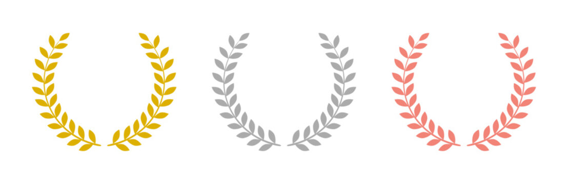 Laurel wreath of victory icon, set of gold, silver and bronze medals, laurel frame ranking, winner awards premium prizes, best quality, awarding ceremony championship