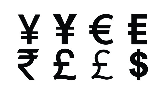 Currency Symbol Collection: Black silhouette of various global currency symbols including yen euro rupee pound and dollar arranged in two rows on a white background