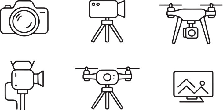 The illustration depicts various photography equipment and devices on display.