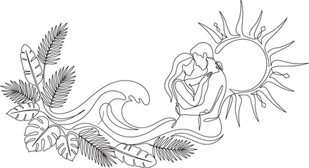 Obraz premium Romantic Couple with Sun Moon and Tropical Leaves Line Art Illustration