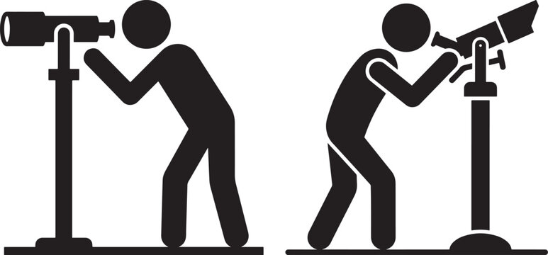 Person looking through telescope on tripod vector icon.