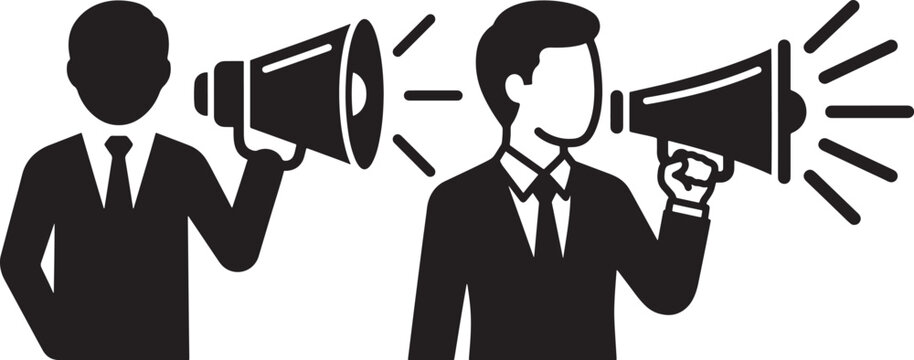 Two men talking through megaphones communicating loudly.