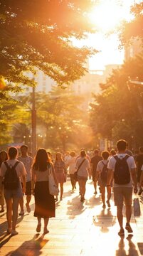 Intense golden hour glow, radiant warmth illuminating a bustling urban street, diverse people walking and commuting under bright light, conveying summer heat and vibrant city life