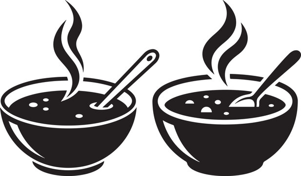 Bowls of hot soup with spoons steaming invitingly.