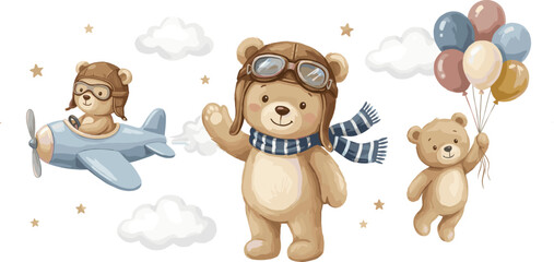 Cute watercolor baby bears flying in a plane and holding balloons in a soft pastel sky with fluffy white clouds for nursery wall art and decoration © sumi