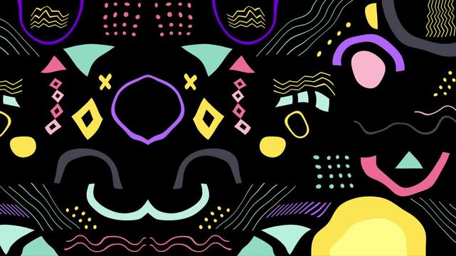 Abstract geometric pattern with neon shapes and glowing lines on dark background