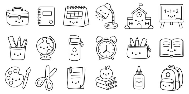 Cute Kawaii School Supplies Doodle Icons Set, Back to School Clipart Collection, Hand Drawn Education Objects Outline Vector Style
